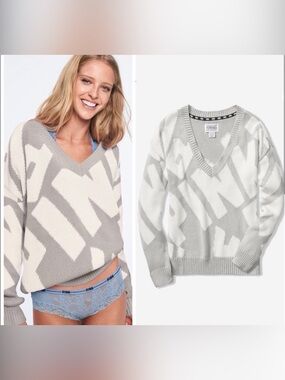 PINK Victoria's Secret Gray & Cream V-Neck Logo Knit Sweater